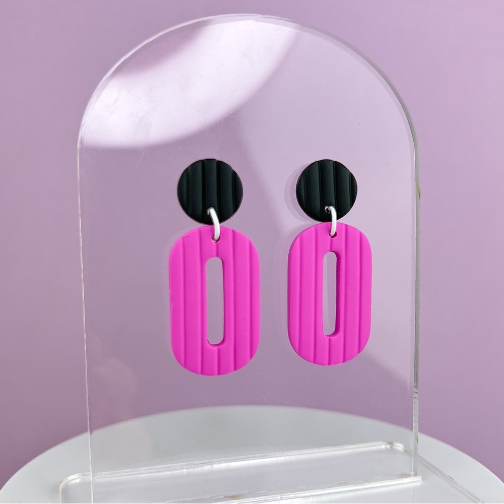 Playful Pink and Black Line Textured Handmade Polymer Clay Dangle Earrin…